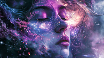 Wall Mural - The face of a dreamy girl in purple colors, dream and meditation concept