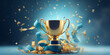 © ND STOCK - Golden trophy and streamers, business and competition concept, blue background, celebration confetti celebration confetti ribbon and sparkling glitter, symbolizing victory and success in a competition