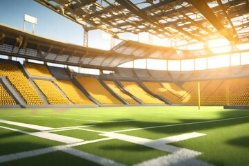 Poster - A 3D rendering of a football arena with yellow goal posts, grass fields, and blurred fans at the playground. The image represents outdoot sports, football, championships, matches, games, and game