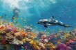 A colorful coral reef with a dolphin swimming through it