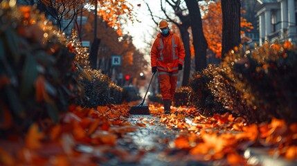 A custodian maintains the urban roads using a brush in the metropolis.