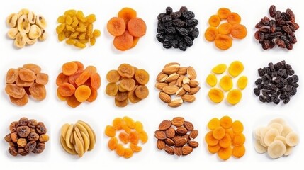 Wall Mural - A set of dried fruits is isolated on a white background, captured from a top view.