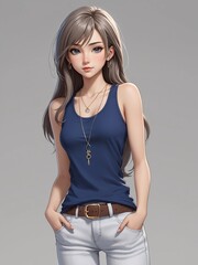 Wall Mural - Anime girl on an isolated background in a blue T-shirt and light pants. Big Blue eyes