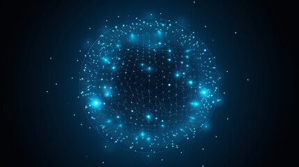 A sphere composed of points is illustrated, featuring an abstract globe grid in a 3D technology style. The design concept represents networks and technology in vector illustration format.