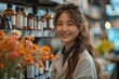 Portrait of cheerful asian female doctor of homeopathy or pharmacist posing by bottles with pills and drugn in pharmacy or medical office 