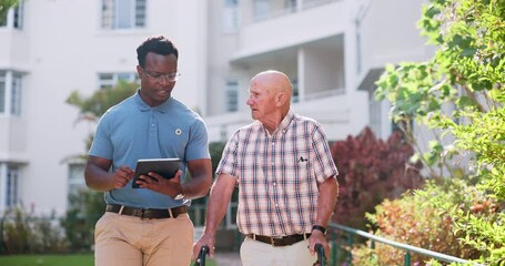 Poster - Caregiver, senior man and walker for assistance, outdoors and trust in retirement home. Helping, walking and elderly person with caretaker, tablet and discussion on healthcare or rehabilitation