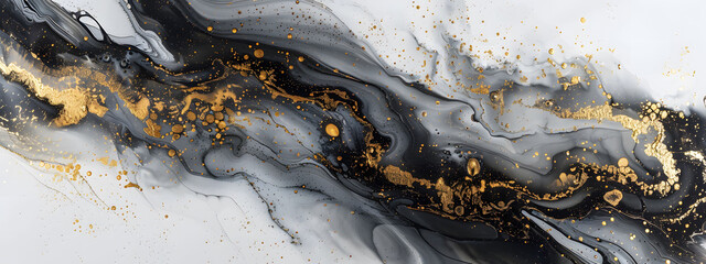 Sticker - Elegant black and white marble stone texture adorned with luxurious gold details. Abstract design features a mix of black marble, gold ink patterns, and fluid brush strokes.