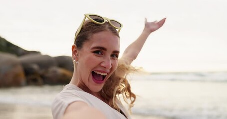 Canvas Print - Face, video call and smile with woman at beach in summer for travel, vacation or holiday at tropical location. Portrait, nature and destination with happy young tourist at coast by ocean for getaway