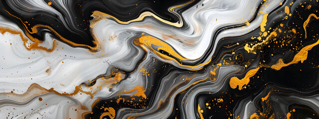 Sticker - Elegant black and white marble stone texture adorned with luxurious gold details. Abstract design features a mix of black marble, gold ink patterns, and fluid brush strokes.