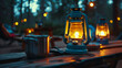 An atmospheric shot of multiple camping lanterns on a wooden table with a blurred background of a campsite in the evening
