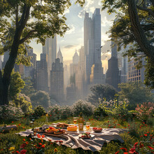 A Serene Summer Picnic Set In An Ancient Overgrown Garden With Modern Skyscrapers Towering In The Distance
