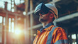 A futuristic architectural engineer, civil engineer wearing an augmented reality headset and overalls on a construction site, the bokeh effect..