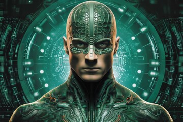 Wall Mural - Portrait of warrior man with futuristic helm adorned on his head, and bright glowing crystal positioned on body. Dark abstract background with energy lights adds to fantasy-like atmosphere.