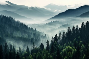 Wall Mural - Ethereal Mountain foggy view. Mist hill. Generate Ai