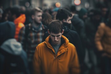 Lone man in the midst of a crowd. Sad Man standing in the middle of a crowd on a city street wearing an orange jacket