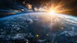 Panoramic view on planet Earth globe from space with rising sun. Earth planet viewed from space, 3d render of planet Earth.