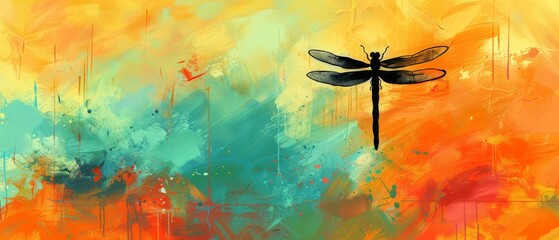 Sticker -  a painting of a dragonfly on a yellow, blue, green, and orange background with a splash of paint.