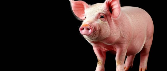 Sticker -  a close up of a pig on a black background with a red spot in it's eye and a pink nose.