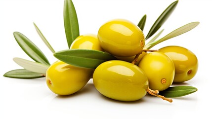 Wall Mural - Pickled green olives and an olive tree branch are presented against a white background.