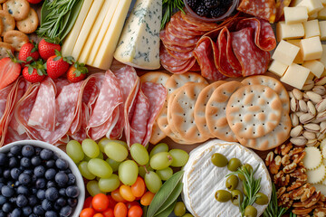 Canvas Print - a gourmet cheese and charcuterie grazing board featuring a variety of cheeses, cured meats, nuts, fruits, and artisanal crackers 