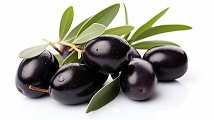 Wall Mural - Ripe black olives, paired with olive leaves, are presented on a white background as organic food.