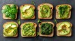 Set of various vegetarian avocado sandwiches