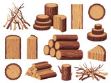 Fototapeta Dinusie - Cartoon firewood. Pile of cut wooden logs, firewood bundle for campfire or fireplace, tree trunk and branches. Vector isolated set