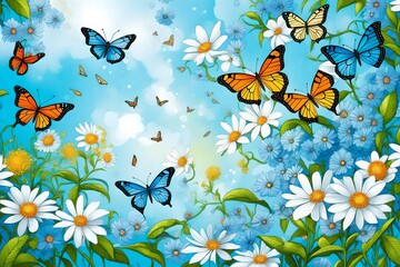 Wall Mural - pattern with butterflies, Immerse yourself in the beauty of nature with a captivating image featuring a background flower butterfly spring garden floral beauty blossom plant blue