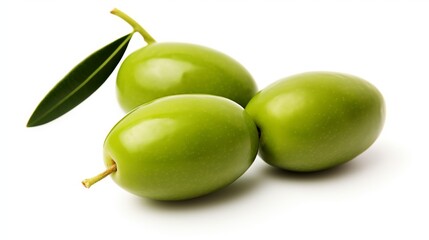 Wall Mural - Two green olives with leaves are isolated on a white background in this depiction.