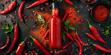 Fiery Red Hot Sauce Bottle Amidst A Dynamic Arrangement Of Chili Peppers And Spices, Vibrant And Eye-catching