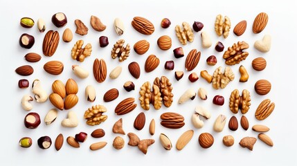 Wall Mural - Various delicious nuts are spread out on a white background in a flat lay composition.