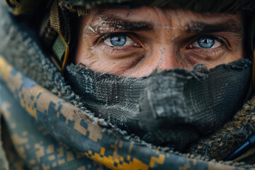Wall Mural - Ukrainian soldier warrior, tired face close up