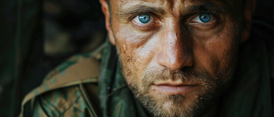 Wall Mural - Ukrainian soldier warrior, tired face close up