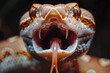 Close-up of a snake's muzzle with its tongue hanging out