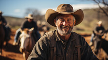 Smiling cowboy with hat on horseback outdoors with riders in background.