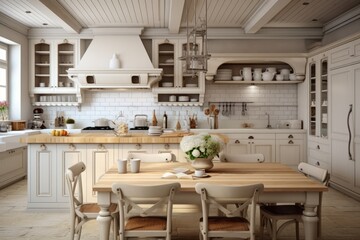 Wall Mural - Cozy country kitchen with natural wood table, white cabinetry, and warm, inviting atmosphere..