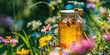 © nopommajun - Sunlight shines on a glass honey jar as bees land on it amidst colorful flowers
