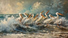 White Pelicans Gathered On A Beach.