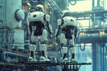 Wall Mural - Two robots standing on platforms in an industrial factory with machinery and pipes in the background