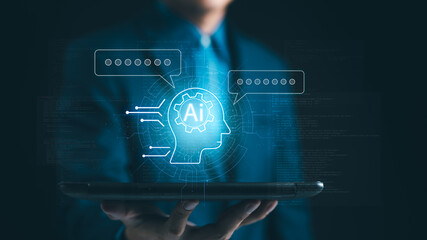 Chat with AI or Artificial Intelligence technology. Man chatting virtual with an intelligent artificial intelligence and enter command prompt for generate some things help work. Chatbot, ChatGPT,