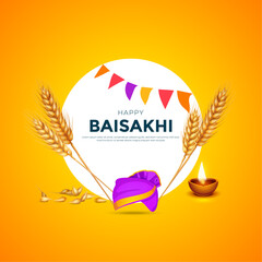 Wall Mural - illustration of Happy Vaisakhi Punjabi festival celebration background with wheat, turban, diya. vector illustration.