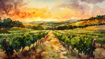 Watercolor painting of Valley vineyards at sunset, To showcase the natural beauty and serenity of wine country at sunset, and to capture the