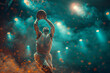 Handsome basketball player with a ball in action on floodlight professional basketball court 