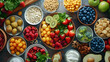 A photo featuring a nutritious breakfast spread. Highlighting the colorful array of fresh fruits, whole grains, and dairy products