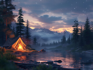 Wall Mural - A tranquil camping scene in a forest with a tent, a campfire, and a starry sky, capturing the essence of outdoor adventure