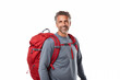 Middle aged man over isolated white background with mountaineer backpack