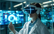 A female scientist or doctor wearing VR glasses in a laboratory, immersed in a virtual world. Modern technologies and science. Portrait, close-up, bokeh effect in the background.