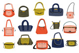 Fototapeta Dinusie - Woman purse. Cartoon girl handbag with different handles, elegant modern shoulder bag, clutch and wallet, female accessory collection. Vector set