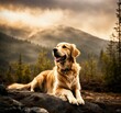 golden retriever resting after a hike in the mountains