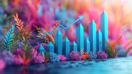 The 3d growth business graph on success financial represents profit and revenue growth, accompanied by a hovering arrow indicating positive market trends